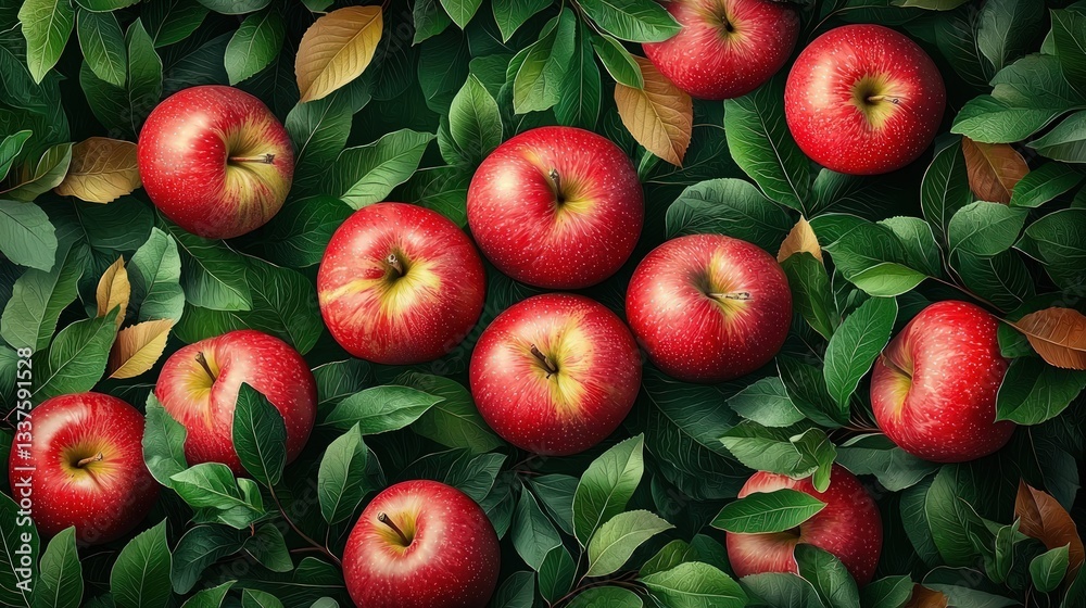 Obraz premium Red apples nestled amongst lush green leaves.