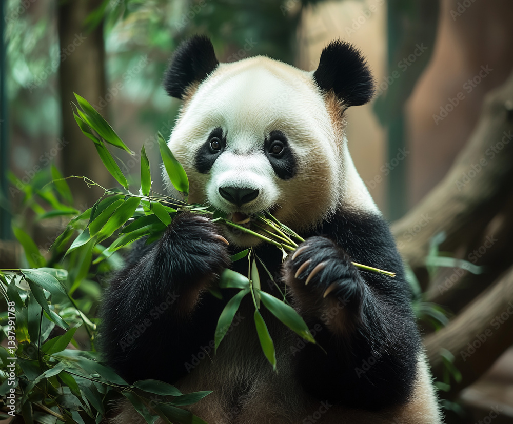 Fototapeta premium Giant panda eating bamboo isolated on solid color background