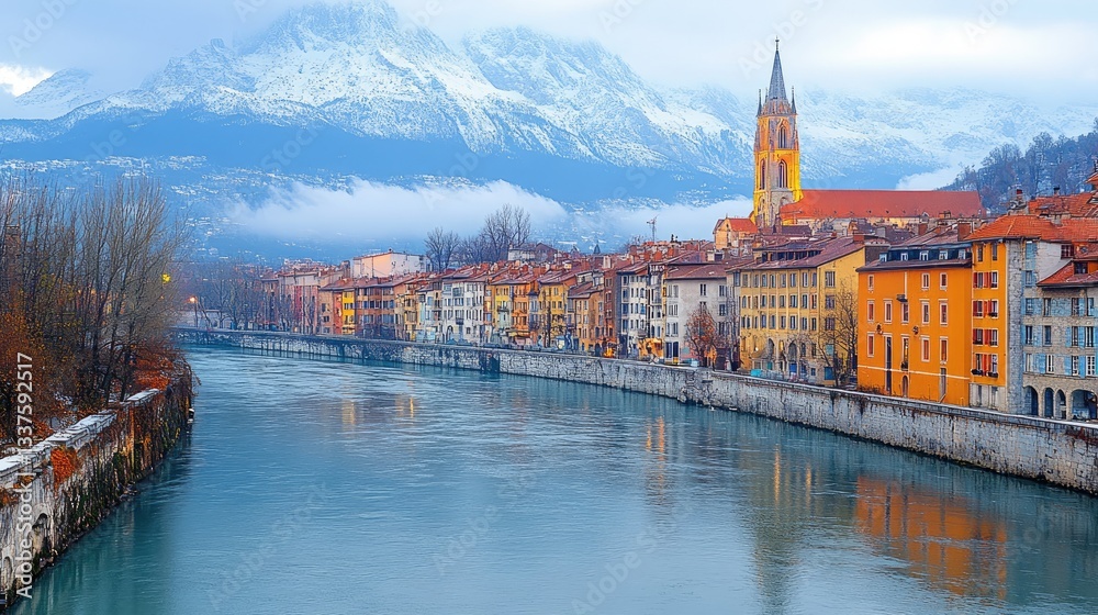 Fototapeta premium Panoramic view of a European city nestled beside a river, with snow-capped mountains in the background. Colorful buildings reflect on the water