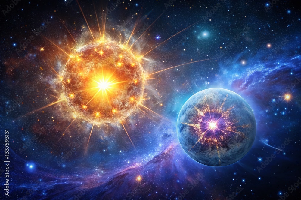 Cosmic Collision: Two Vibrant Supernova Explosions in Space, Left Composition with Copy Space