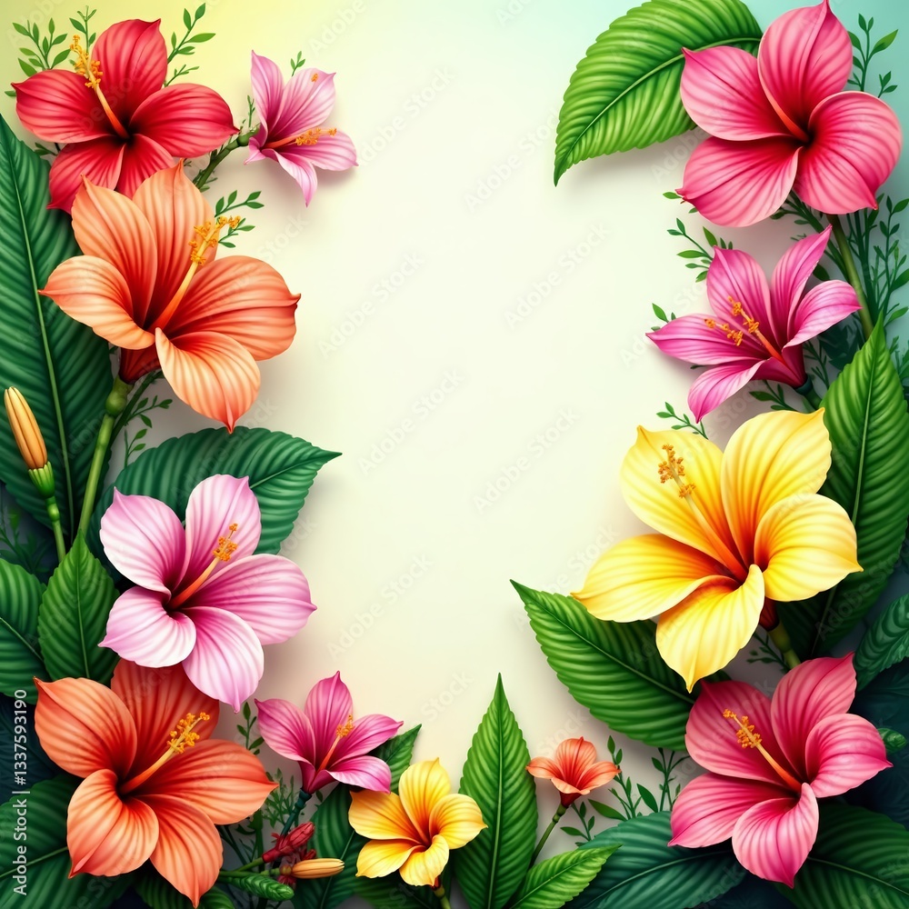 Fototapeta premium Bright and cheerful collection of tropical flowers and foliage, floral, tropical