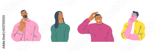 Thinking people, modern flat vector concept illustrations set- people standing thoughtfully. Metaphor for reflection, analysis, introspection, contemplation, deep thought