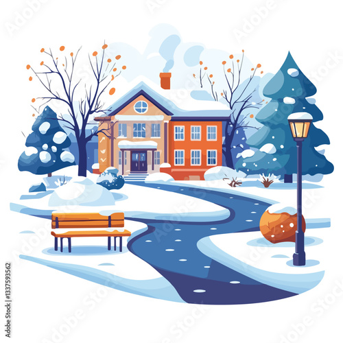 Snow Covered School Building and Yard in Winter