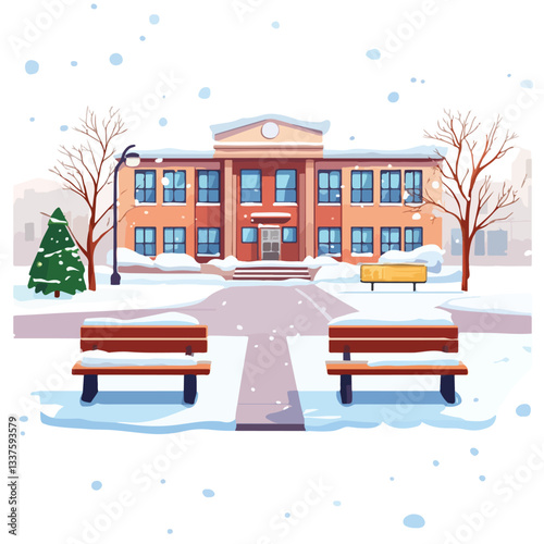 Snow Covered School Building and Yard in Winter