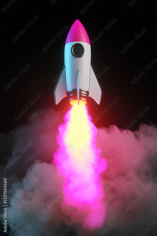 Neon rocket launching with glowing effect isolated on solid color background Neon rocket launching with glowing effect isolated on solid color background