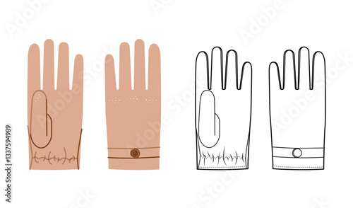 Driving Gloves Short Wrist length beige cartoon and CAD mockup Fashion hand full-finger design snap-fit fastening pull-on style accessory clothing technical illustration. Vector Men, women style flat