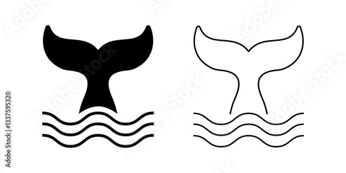 Whale tail icons. Silhouettes of mermaid fin or cetacean animal. Dolphin, orca, beluga or another sea or ocean mammal symbol. Maritime pictogram. Vector graphic illustration.