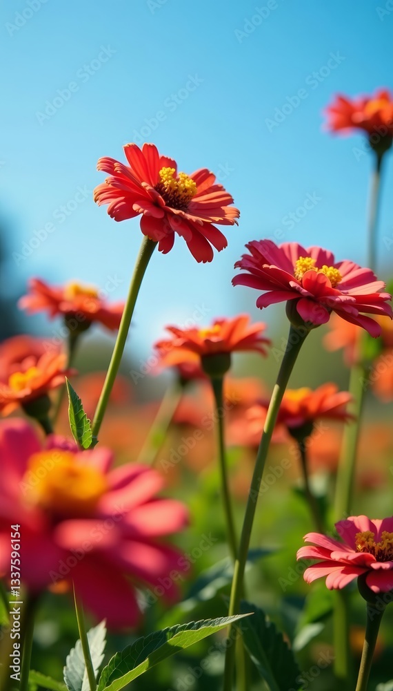 Close-up of autumn zinnia flowers with clear blue sky, flora, sunny Close-up of autumn zinnia flowers with clear blue sky, flora, sunny