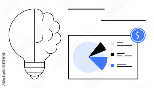 Brain-shaped light bulb symbolizing creativity next to financial report chart with pie graph and dollar icon. Ideal for innovation, finance, entrepreneurship, planning, growth, business strategy