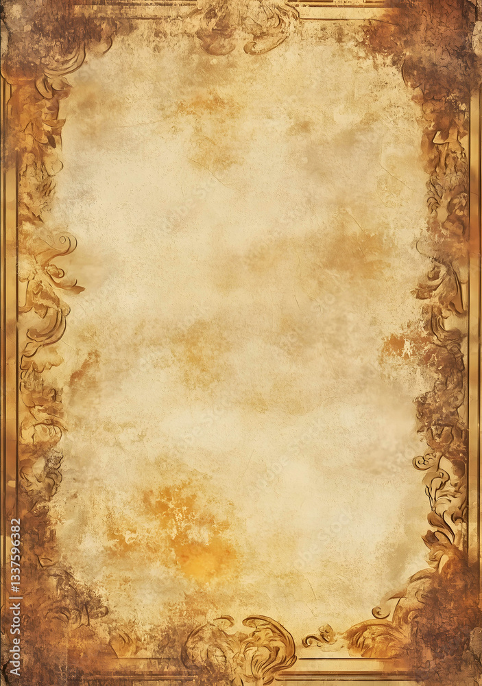 A4sized weathered parchment background with an aged beige and brown texture Slightly darker edges for a worn effect A clean minimal fantasy ornamental border in A4sized weathered parchment background with an aged beige and brown texture Slightly darker edges for a worn effect A clean minimal fantasy ornamental border in
