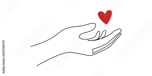 One continuous line drawing of hands holding heart. Concept of love relationship and volunteer organisation symbol in simple linear style. Editable stroke. Doodle Vector illustration