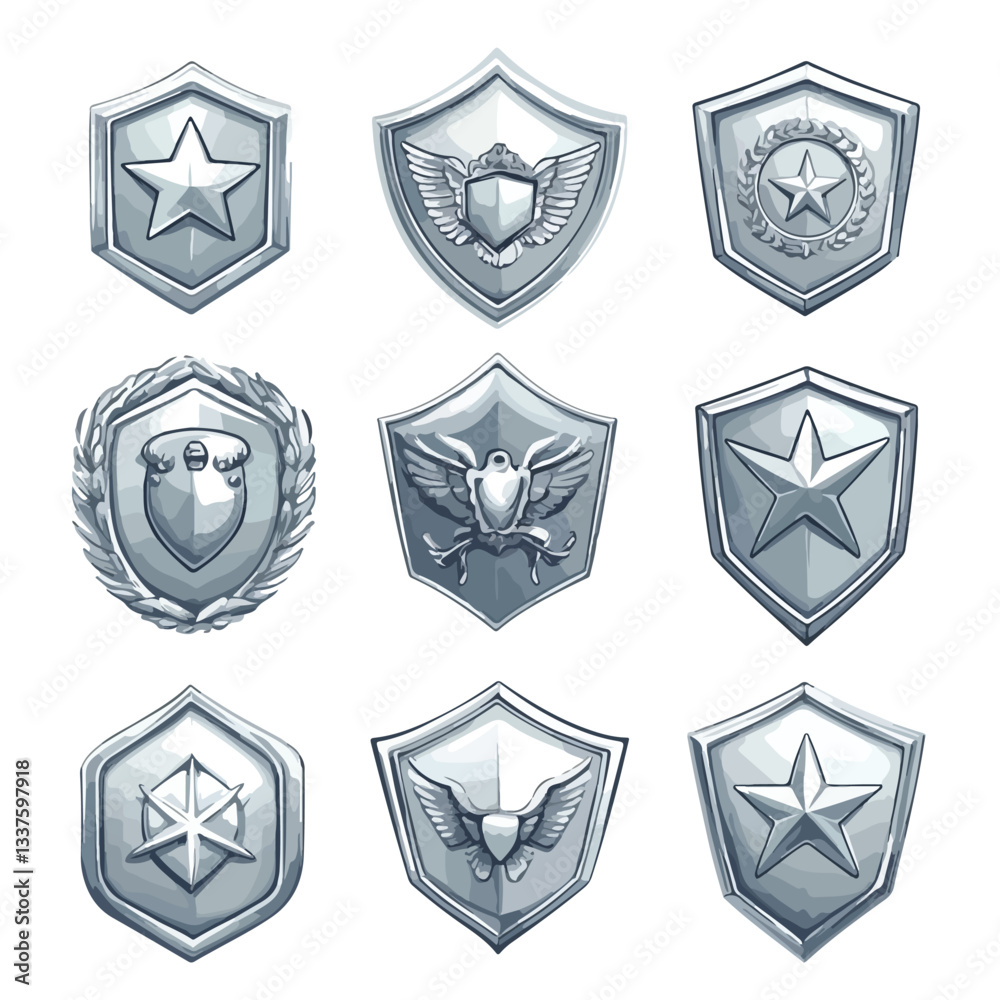 Obraz premium Collection of Military Insignia Rank Badges on White Background