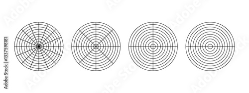 Round diagrams divided on segments. Pie charts with concentric circles cutting on 16, 8, 4 and 2 equal parts. Wheel of life or habits tracker templates. Vector graphic illustration.