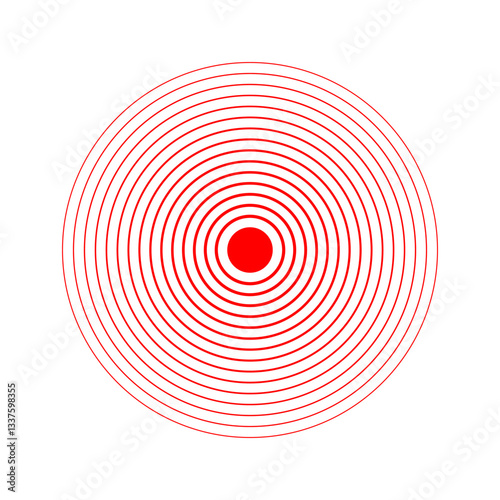 Red concentric circles. Pain localization icon. Target or aim print. Ache, sore or inflammation symbol. Pulse, coverage or vibration sign. Radar signal or sound wave pictogram. Vector illustration.