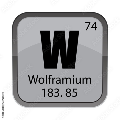 Periodic element icon. W Wolframium marker. Number 74 detail. Vector panel. Chemistry learning tool.