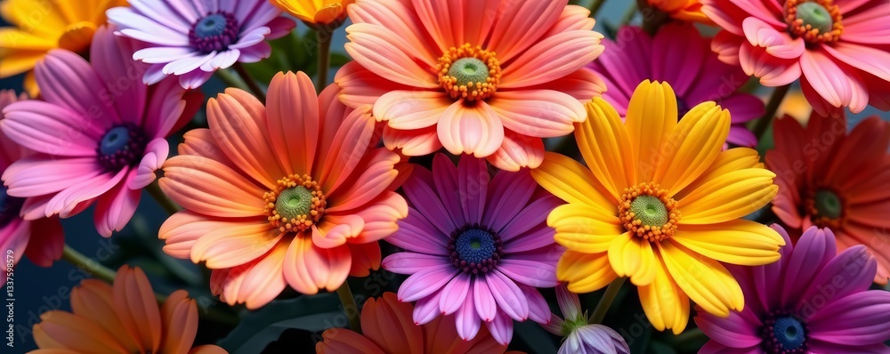 Close-up of vibrant flowers intertwined with bouncy curls, beauty, haircare Close-up of vibrant flowers intertwined with bouncy curls, beauty, haircare