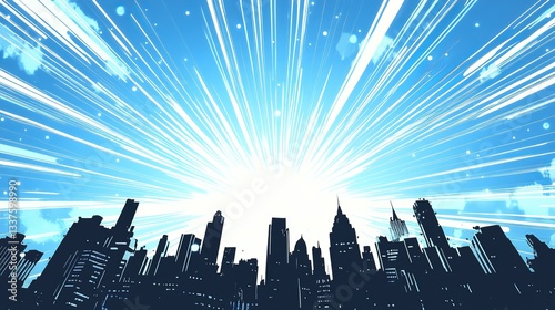 Comic book explosion background with dynamic radial blue burst and black city silhouette, featuring retro pop art style with halftone dots and energetic motion lines for superhero-themed designs and a