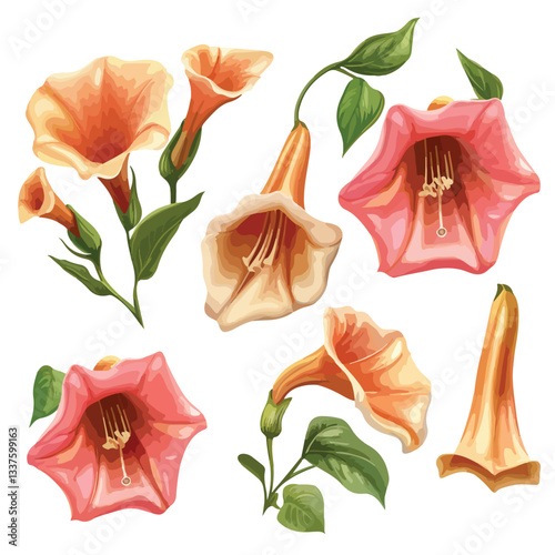 Vibrant Set of Trumpet Flowers and Leaves Illustration