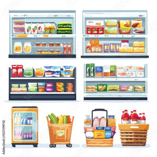 Modern Shelves and Showcases in a Supermarket Grocery Store