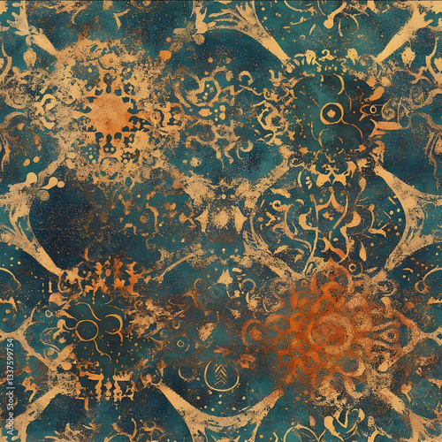 An intricate mandala design as the centerpiece surrounded by smaller floral and geometric mandalas layered with a distressed textured background Dominant colors