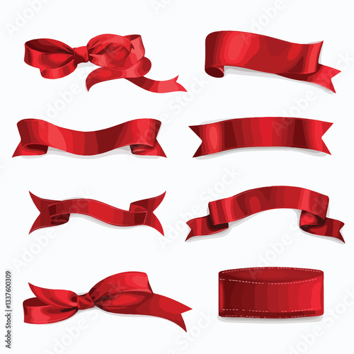 Red Silk Ribbons Vector Set for Badges and Decorations