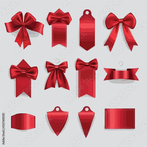 Red Silk Ribbons Vector Set for Badges and Decorations