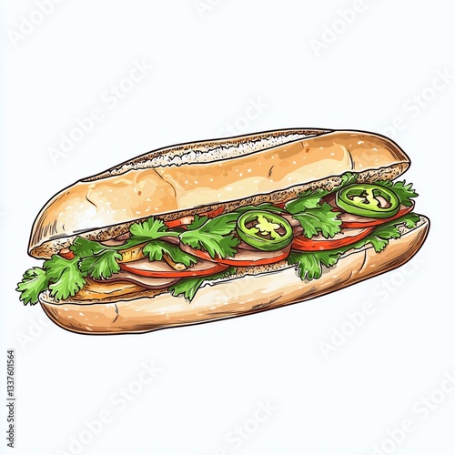 Banh mi sandwich with meat and vegetables isolated on a white background