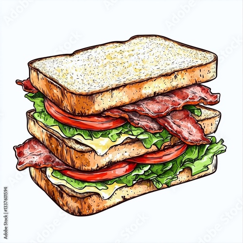 Blt sandwich with bacon and lettuce isolated on a white background for food photography