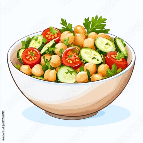 Bowl of fresh vegetables and chickpea salad isolated on a white background for healthy eating