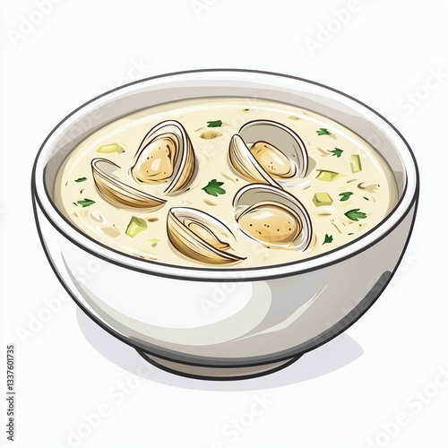 Bowl of clam chowder soup with clams isolated on a white background for food photography