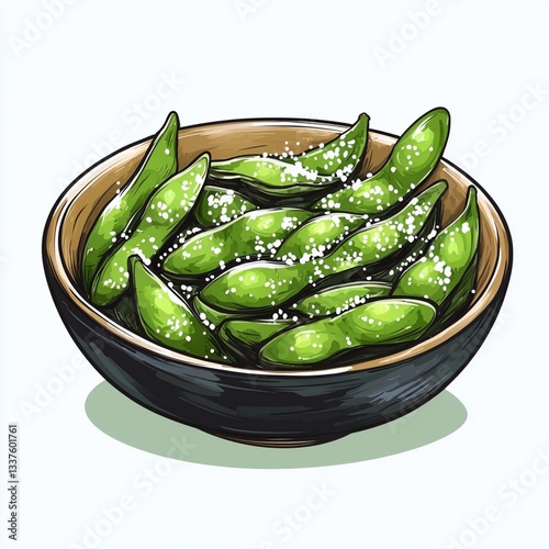 Bowl of pickled vegetables and edamame isolated on a white background for culinary use