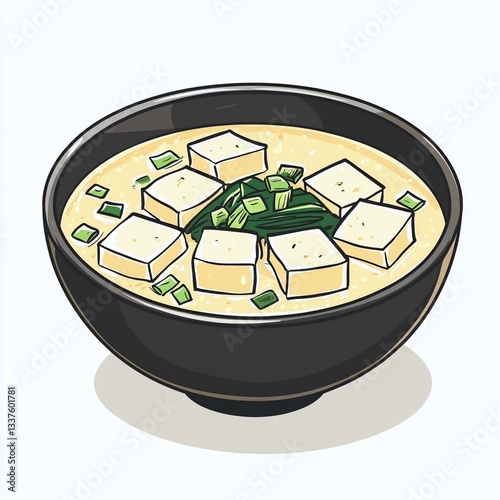 Bowl of miso soup with green onions isolated on a white background for culinary presentation
