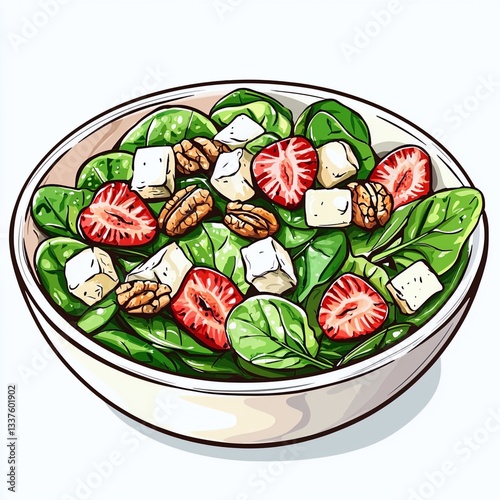 Bowl of fresh spinach salad with cheese isolated on a white background for healthy eating