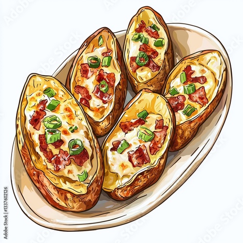Baked potatoes and potato skins served on a white background in a clean presentation