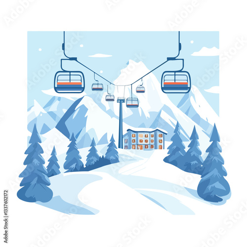 Ski Resort Landscape Posters Set with Snowy Peaks