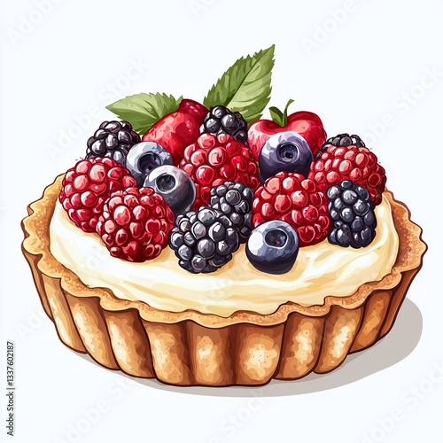 Fruit tart with berries and blueberries isolated on white background for dessert display