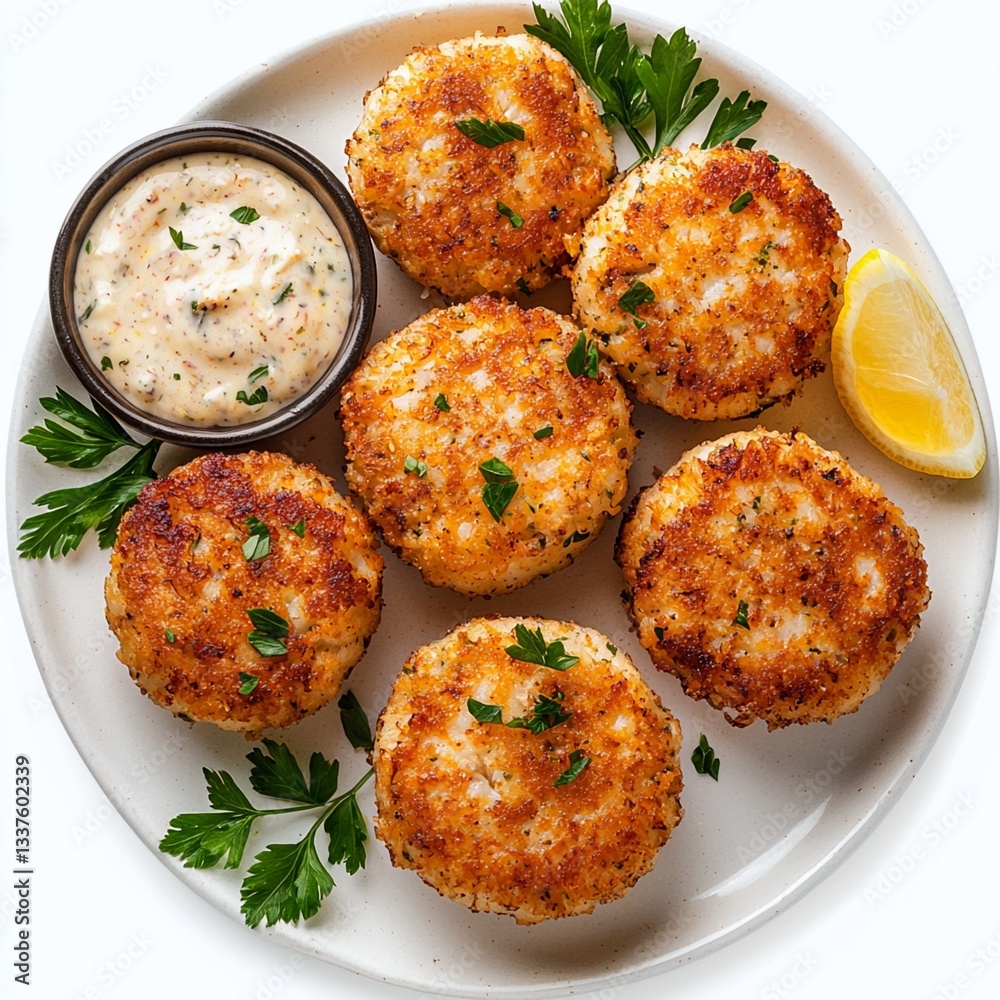 Fototapeta premium A plate of delicious crab cakes isolated on a white background ready for presentation or serving