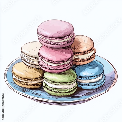 Plate with three colorful macarons isolated on a white background for food photography