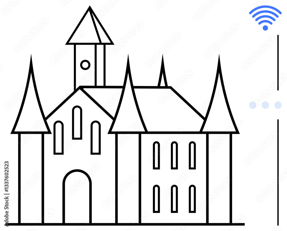 Gothic-style castle with prominent spires, arched windows, and minimalistic details alongside a wireless signal icon. Ideal for tradition, technology, connectivity, architecture, innovation Gothic-style castle with prominent spires, arched windows, and minimalistic details alongside a wireless signal icon. Ideal for tradition, technology, connectivity, architecture, innovation