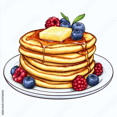 Plate of pancakes with fresh berries isolated on white background with stack of pancakes