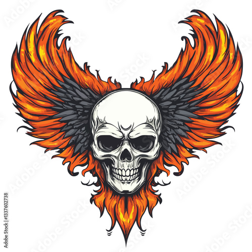Skull Wings Fire Flames Vector Illustration with Wing