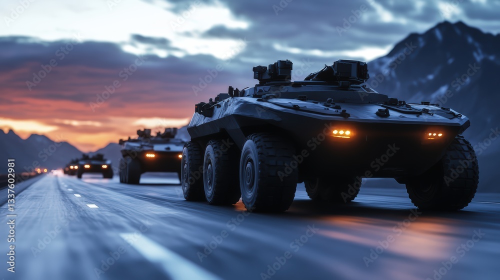Obraz premium Military vehicles traveling on a winding road through mountains during twilight