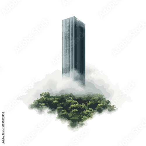 Majestic Skyscraper Emerging from Misty Shroud