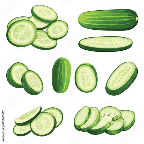 Fresh Sliced Chopped Cucumber Cartoon Vector Set