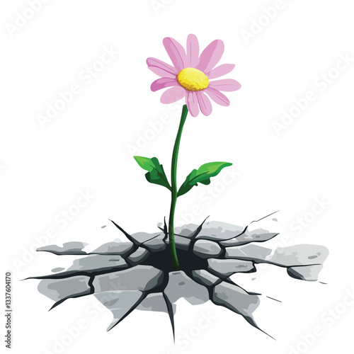 Small Flower Growing on Cracked Street - Vector Illustration
