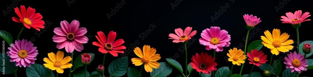 Colorful flowers blooming against a black backdrop, vibrant, contrast Colorful flowers blooming against a black backdrop, vibrant, contrast