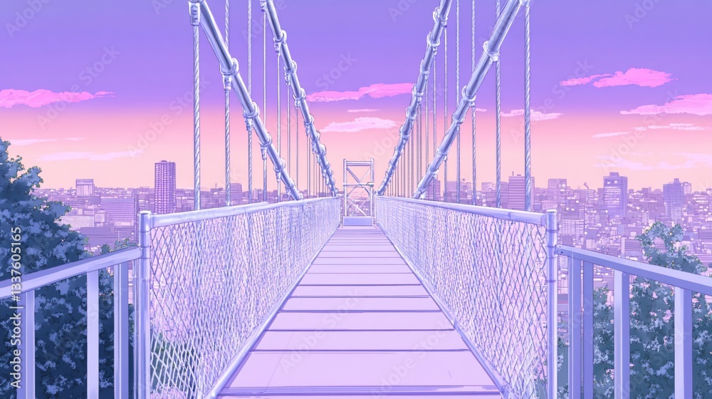 Fototapeta premium Pastel suspension bridge over city at dawn