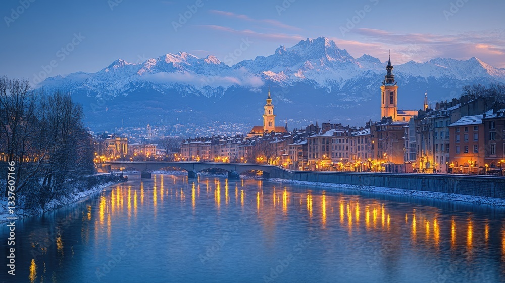 Fototapeta premium Snowy Alpine City at Dawn