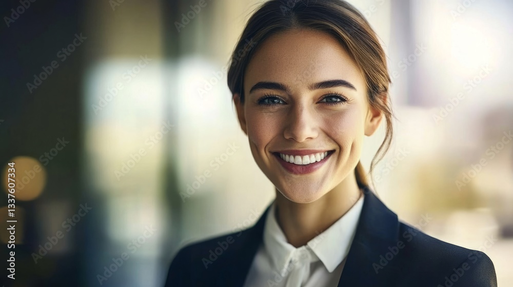 Confident businesswoman smiling, radiating professionalism and approachability in a modern office setting.
Confident businesswoman smiling, radiating professionalism and approachability in a modern office setting.