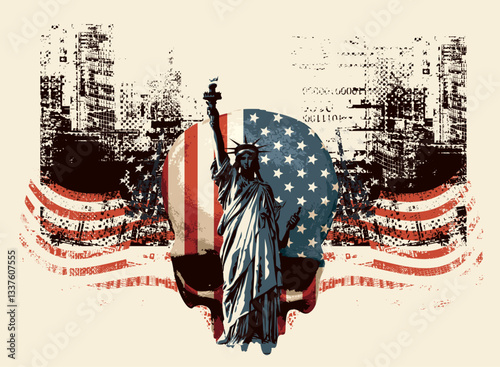 Vector human skull with flag of United States of America, Statue of Liberty New York skyscrapers in grunge style. Graphic print for clothes, fabric, wallpaper, wrapping paper, t-shirt design, tattoo